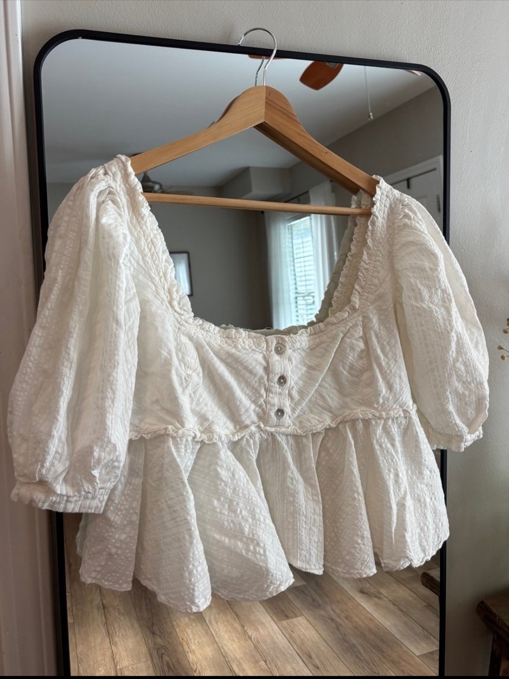 Free People White Peplum Puff Sleeve Square-Neck Blouse with Button Front